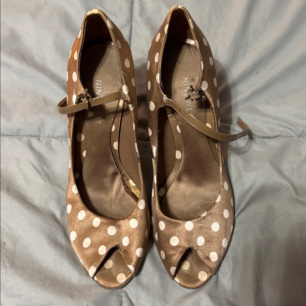 Nine West Tan and White Polka Dot Peep Toe Heels